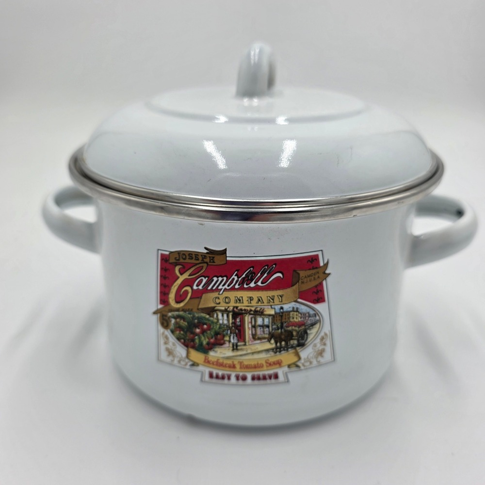 Campbell's Soup Enamelware Mini Pot w/ Lid Gibson 1991‎ Vintage White Red